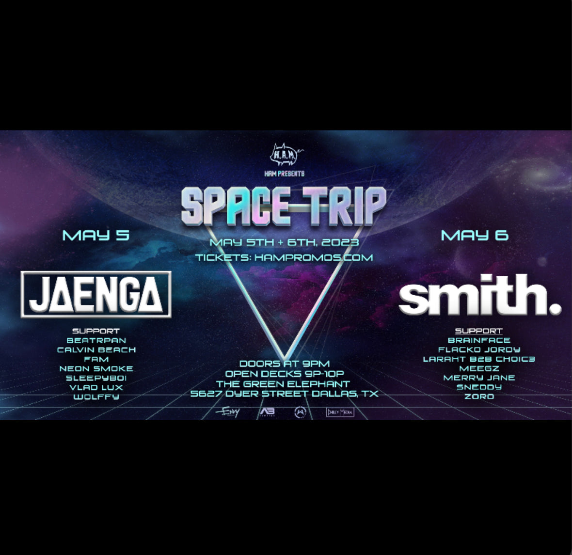 Jaenga + smith. May 5th and 6th, 2023 @ The Green Elephant in Dallas, TX